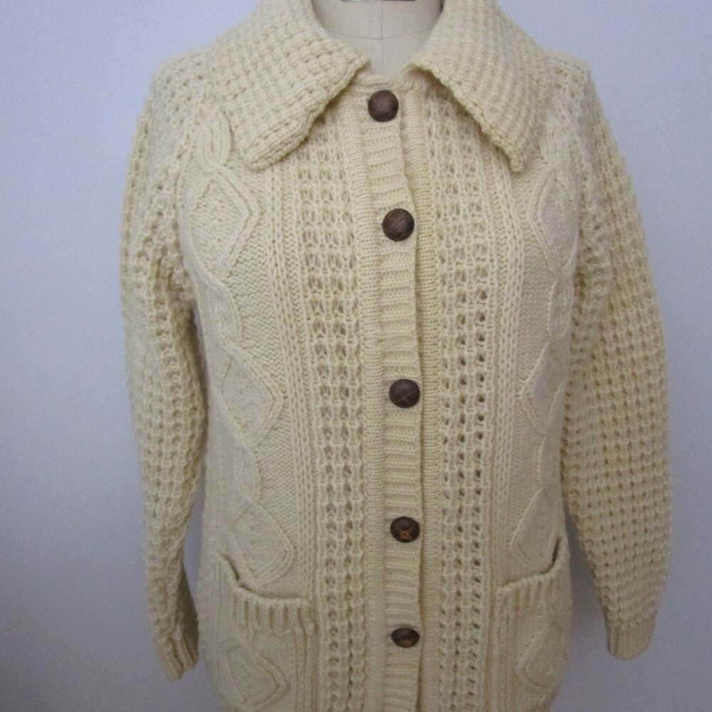 Vintage Irish Cardigan Chunky Fisherman Sweater Cable Pockets Collar